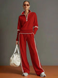 Sporty Casual Stand Collar Color-Block Wide Leg Pants + Hoodie 2-Piece Set