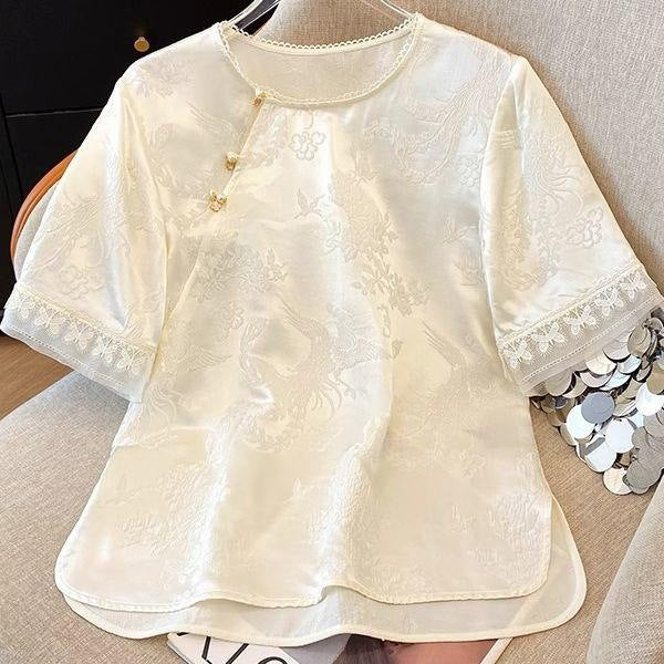 Summer New Chinese Elegant Satin Jacquard Short Sleeve Shirt