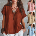 Spring-Summer Casual Linen Short Sleeve V-Neck Loose Shirt