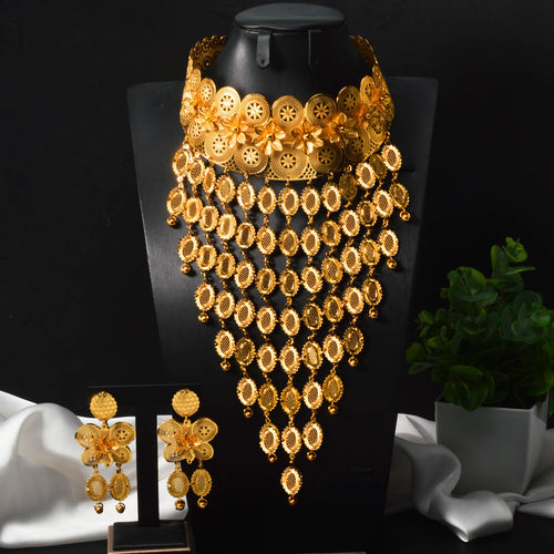 Overseas Middle East Gold Plated Flower Round Cutout Long Style Necklace Earrings Set Dubai Bride Wedding Jewelry