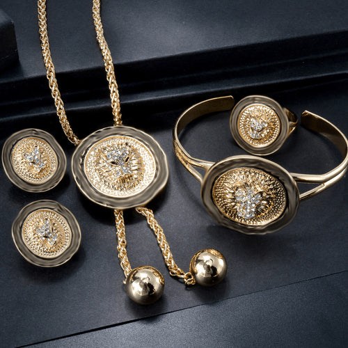 Overseas New Release Western Fashionable Lion Head Relief Pendant Necklace Bracelet Set Earrings Ring Jewelry 4-Piece Set