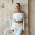 Fall Intellectual Minimal Long Sleeve Off-Shoulder Boat Neck Crop Long Skirt + Top 2-Piece Set
