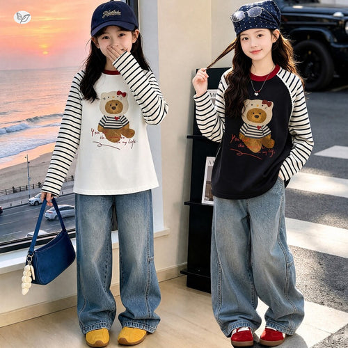 Girls' Striped Bear Print Base Layer and Jeans Set