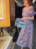 Purple Puff Sleeve Floral Fitted Long Dress with Side Slit