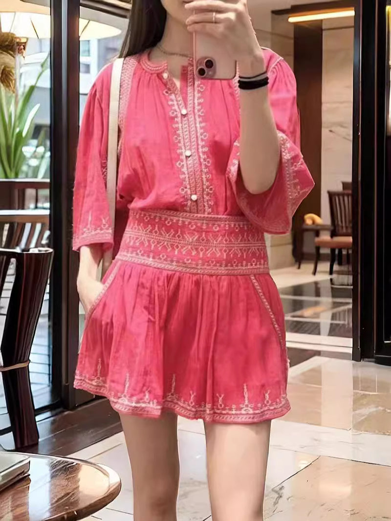 Women's French Ethnic Embroidered Cotton Crew Neck High Waist Skirt + Shirt + Shorts - Top