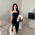 Two-Tone Pleated Camisole Slit Dress, Mature Elegant