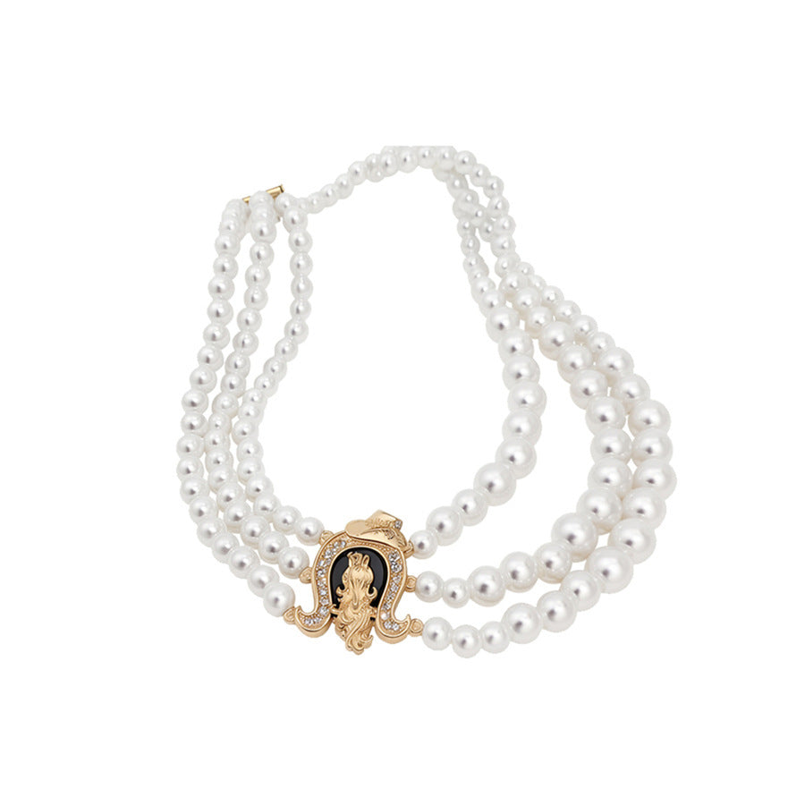 Multi-Layer Pearl and Rhinestone Horseshoe Necklace - view 5