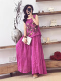 Women's Summer Artistic Retro Ramie Embroidered Loose Straight Leg Wide Leg Pants + T - Tank
