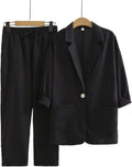 Fall Casual Fashion Linen Cotton Loose Blazer + Pants + Top 2-Piece Set