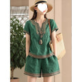 Women's Ethnic Vacation Embroidered Short Sleeve Shorts 2-Piece Set 2026 - Navy