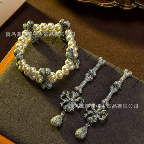 Vintage Accessory Full Diamond Bone Head Saturn Double-Layer Pearl Bracelet Light Luxury Niche Design Detail Personality Earrings Wholesale