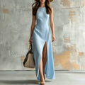 Minimalist Sleeveless Belted Slit Long Dress, Vacation Style