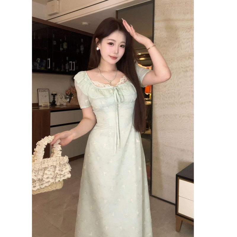 French Style Lace Panel Embroidered Dress for Women, Slimming Fitted Long Dress