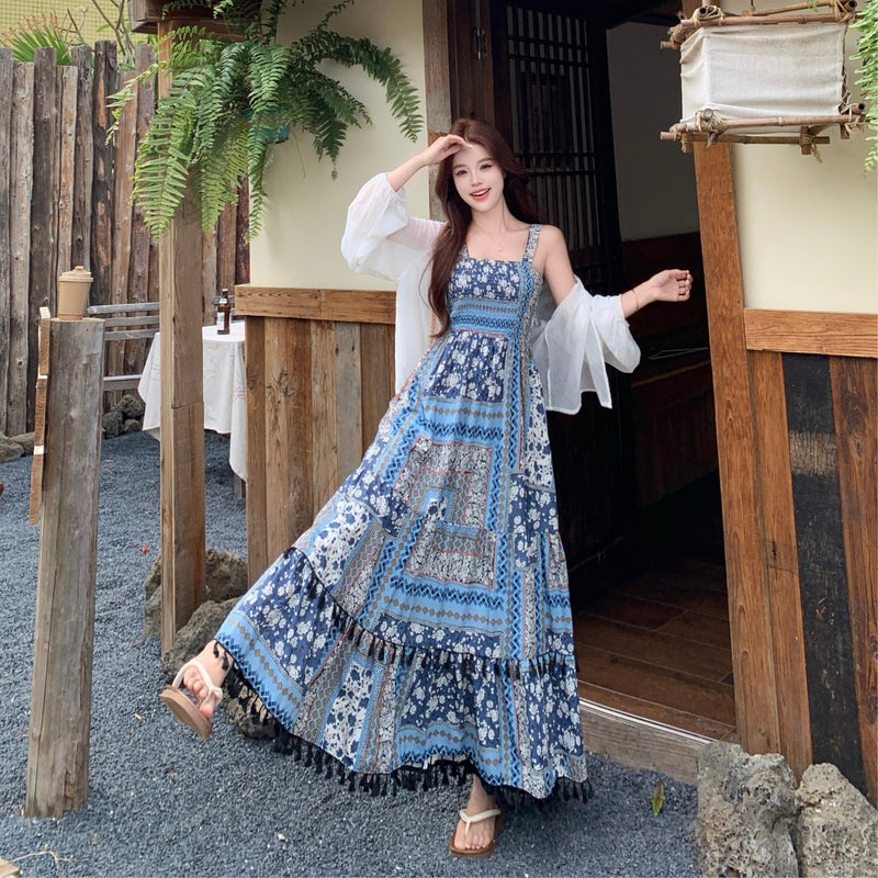 Women's Bohemian Ethnic Plus Size Floral Loose Dress + Cardigan + Camisole + Long Ski - Camisole Dress (Single)