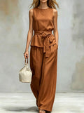 Spring-Summer Casual Sleeveless Belt Pants + Top 2-Piece Set