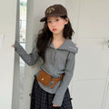 Girls' Big Lapel Cardigan & Plaid Curved-Leg Pants Set