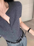 夏款老钱风羊毛短袖针织衫女修身半开领v领t恤针织打底衫内搭毛衣