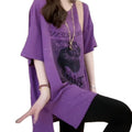 Plus Size Print Slit Midi T-Shirt - Slimming Short Sleeve Casual Top Women
