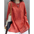 Women's Spring-Summer Artistic Linen Cotton Long Sleeve Crew Neck Lightweight Loose T - Black