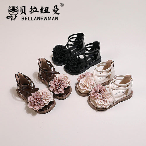 SHEIN女童凉鞋透气夏季新品韩版儿童花朵公主鞋小女孩罗马凉鞋