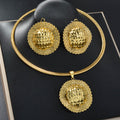 EU/US Import Retro Gold Metal Round Sunflower Cutout Lace Versatile Necklace Earrings Set 2-Pc Set