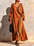 Fall Long Sleeve V-Neck Striped Printed Wide Leg Pants + Top 2-Piece Set