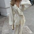 Fall Vacation Tencel V-Neck Tie-Front Ruffle Wide Leg Pants + Top 2-Piece Set