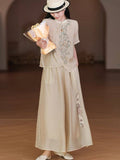 Summer New Chinese Plus Size Linen Cotton Embroidered Short Sleeve Drapey Wide Leg Pants + Shirt + Skirt Set
