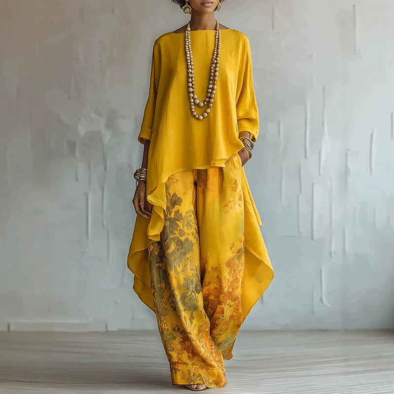 In Stock 2026 Solid Casual Top + Wide Leg Pants Two-Piece Set