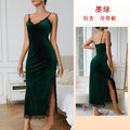 菲韵欧美跨境性感深v睡衣女长款吊带睡裙丝绒蕾丝诱惑露背家居137