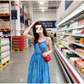 Korean Style Blue Vacation Dress, 3D Embroidered Halter Neck Sleeveless Long Dress