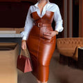 Office PU Belt Color-Block Shirt Dress, Long Sleeve