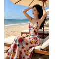 French Retro Floral V-Neck Bodycon Fitted Long Dress