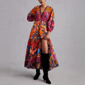 Women's Bohemian Vacation Lantern Sleeve V-Neck Waist-Tie Patchwork Dress + Long Skir - Red