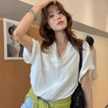 Office Korean Lace Short Sleeve V-Neck Patchwork Loose Shirt