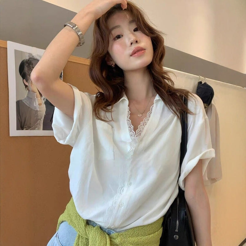 Office Korean Lace Short Sleeve V-Neck Patchwork Loose Shirt