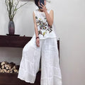 Women's Summer Artistic Retro Ramie Embroidered Loose Straight Leg Wide Leg Pants + T - Tank