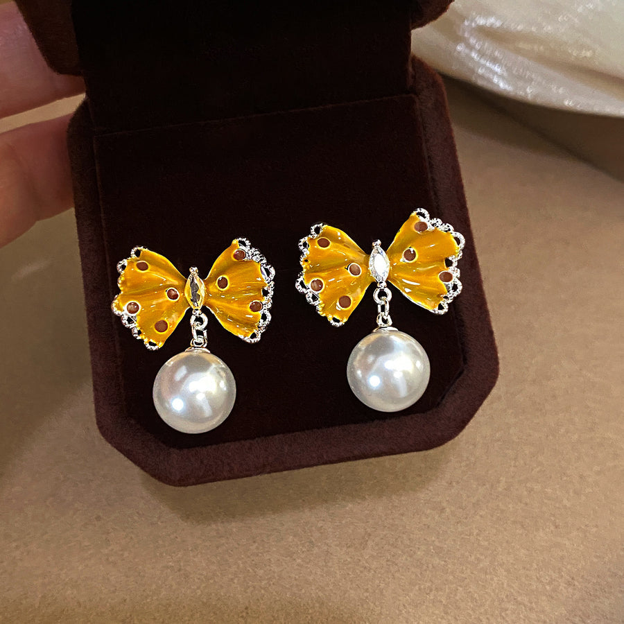 Enamel Bow Pearl Stud Earrings - view 3