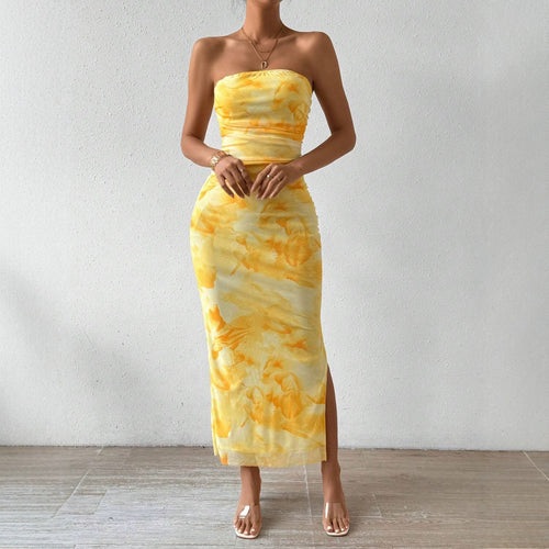 Women's Mesh Floral High Waist Slit Bodycon Dress