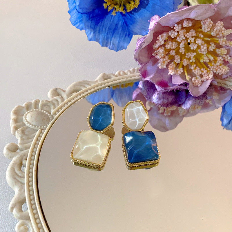 Blue Heart and Flower Square Stud Earrings – Trendy Summer Style - view 6