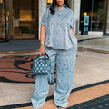 2026 Summer Fashion V-Neck Button Short Sleeve Shirt + Hollow-Out Wide Leg Pants Set