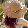 新款甜美大蝴蝶结遮阳草帽女 时尚气质大帽檐太阳帽户外防晒帽子