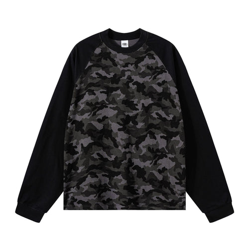 ARTIE Unisex American High Street Waffle Camo Spliced Raglan Long Sleeve T-Shirt