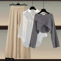 Fall-Winter Fashion Slimming Plus Size Knit Wool Wide Leg Pants + Sweater + Shirt 3-Piece Set