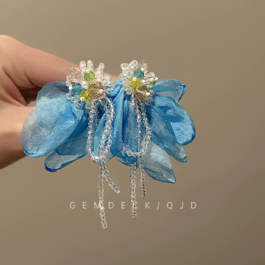 Blue Fabric Flower Statement Earrings - view 9