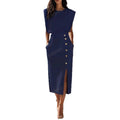 Metal Button Slit Dress - Round Neck Waist-Cinching Elegant Summer Dress Women