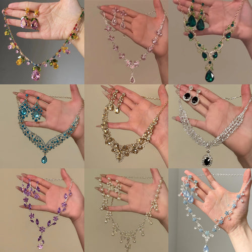 Light Beach Piece Star Color Gem Teardrop Fringe Jewelry Set Wedding Banquet Premium Necklace Light Luxury Niche Necklace