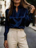 Office Elegant Satin Long Sleeve V-Neck Shirt