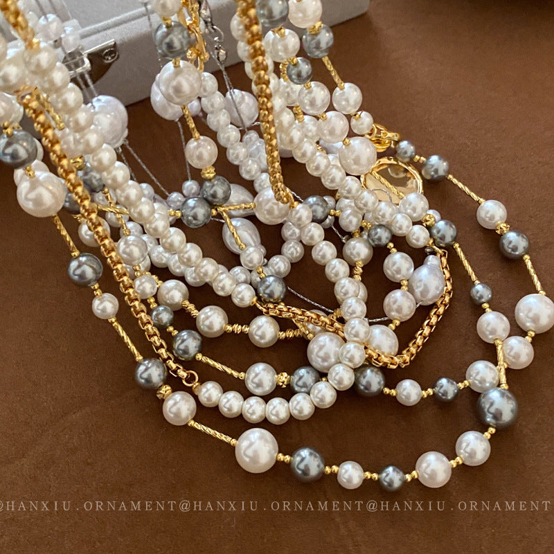 French Layered Rhinestone Pearl Necklace - view 3