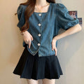 Summer Korean Versatile Puff Sleeve Square Neck Loose Cropped Shirt